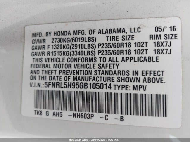 Honda Odyssey Touring 2016 5FNRL5H95GB105014 Image 15