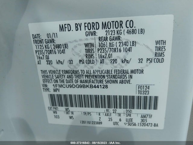 2011 FORD ESCAPE XLT VIN: 1FMCU9DG9BKB44128