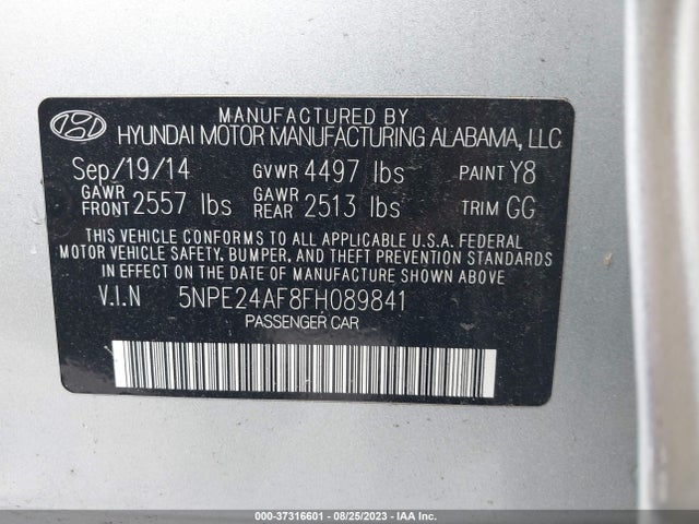 2015 HYUNDAI SONATA 2.4L SE VIN: 5NPE24AF8FH089841