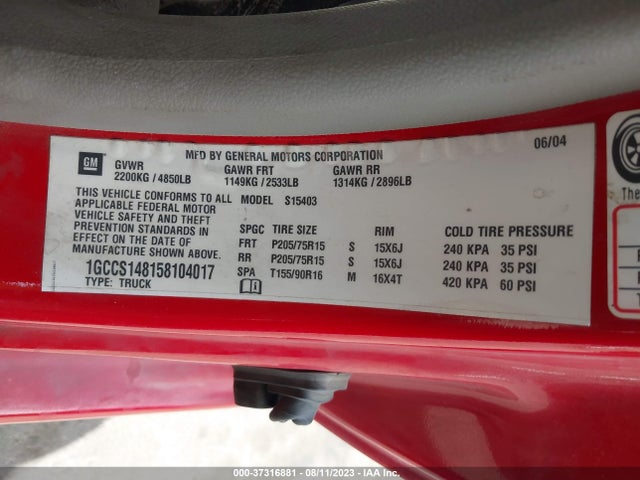 2005 CHEVROLET COLORADO Z85 VIN: 1GCCS148158104017