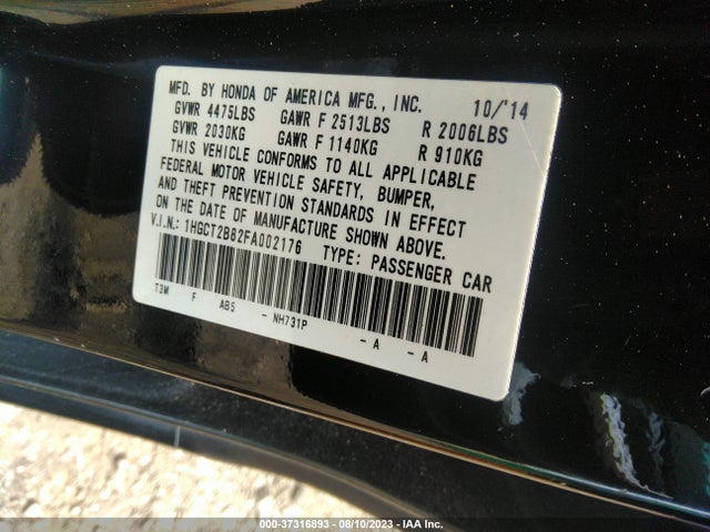 2015 HONDA ACCORD COUPE EX-L VIN: 1HGCT2B82FA002176