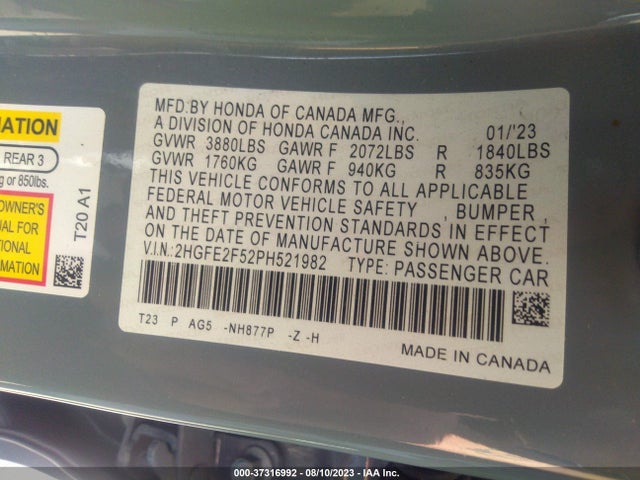 2023 HONDA CIVIC SEDAN SPORT VIN: 2HGFE2F52PH521982