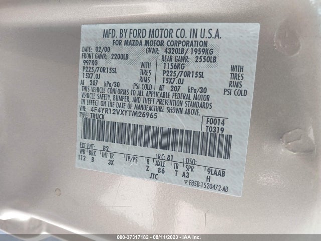 2000 MAZDA B-SERIES 2WD TRUCK SX/SE VIN: 4F4YR12VXYTM26965