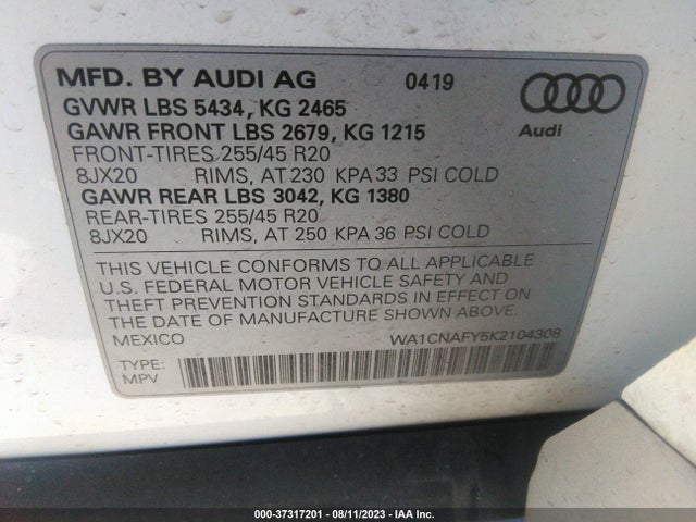 WA1CNAFY5K2104308 Audi Q5 Prestige