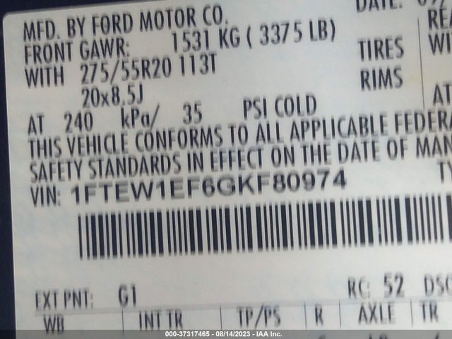 2016 FORD F-150 XLT/XL/LARIAT/PLATINUM VIN: 1FTEW1EF6GKF80974
