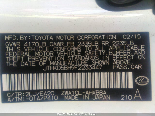 JTHKD5BH9F2233447 Lexus Ct 200h Hybrid