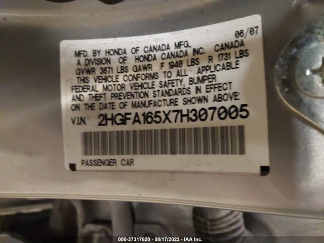 2007 HONDA CIVIC SDN LX VIN: 2HGFA165X7H307005