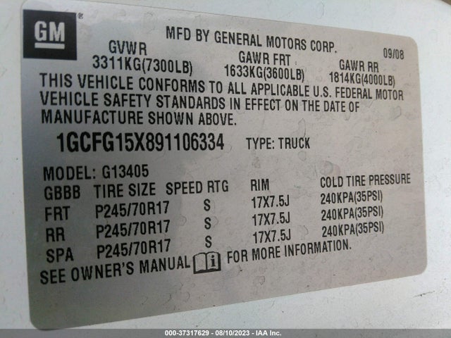 2009 CHEVROLET EXPRESS CARGO VAN VIN: 1GCFG15X891106334