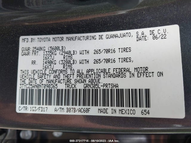 2022 TOYOTA TACOMA 4WD SR/SR5/TRD SPORT VIN: 3TYCZ5AN0NT090365