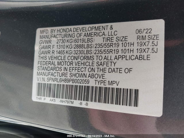 2023 HONDA ODYSSEY TOURING VIN: 5FNRL6H89PB002059