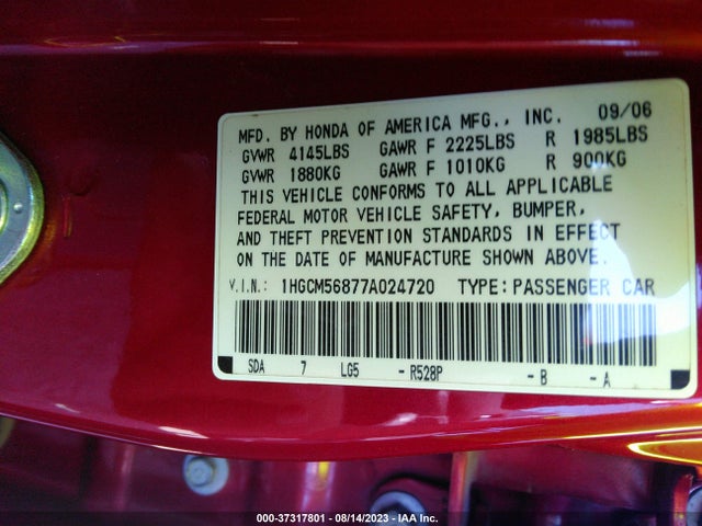 2007 HONDA ACCORD SDN EX-L VIN: 1HGCM56877A024720
