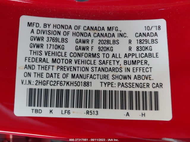 Honda Civic Sedan Lx 2019 2HGFC2F67KH501881 Image 9