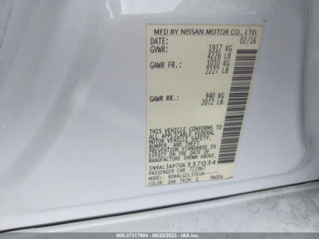 1N4AL3AP7GN337034 Nissan Altima 2.5 Sl/2.5 Sr/2.5 Sv/2.5/2.5 S