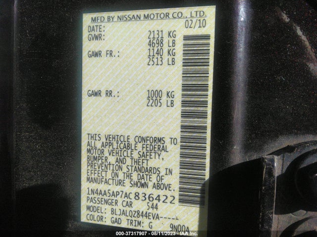 2010 NISSAN MAXIMA 3.5 S VIN: 1N4AA5AP7AC836422