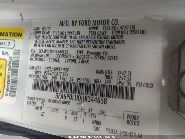 3FA6P0LU0HR344658 Ford Fusion Hybrid Se