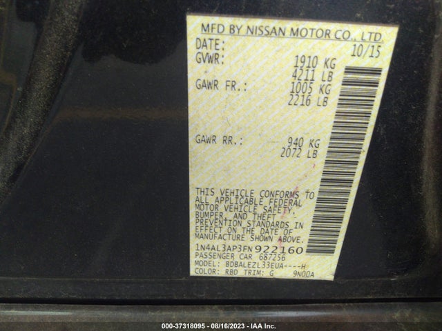 2015 NISSAN ALTIMA 2.5 S VIN: 1N4AL3AP3FN922160