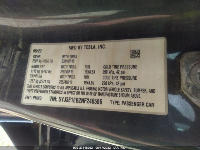 5YJ3E1EB2NF246586 Tesla Model 3 Long Range