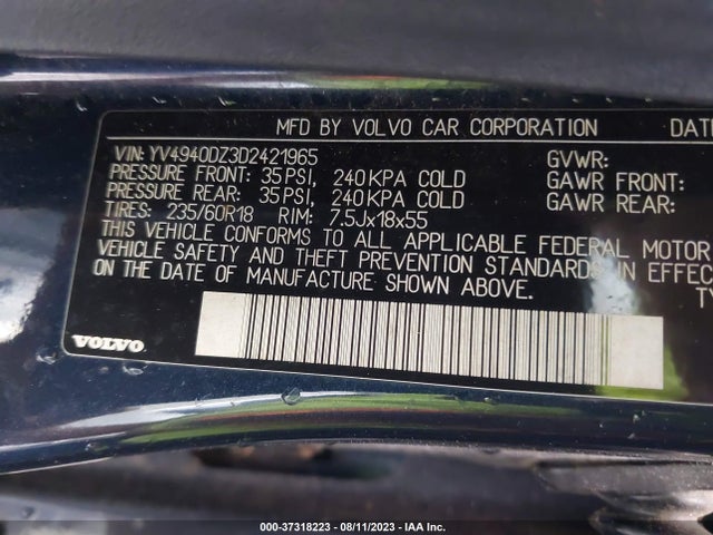 2013 VOLVO XC60 3.2L VIN: YV4940DZ3D2421965