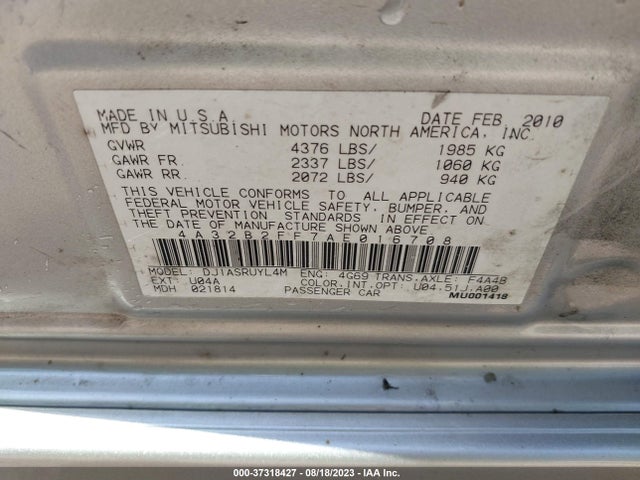 2010 MITSUBISHI GALANT FE VIN: 4A32B2FF7AE016708
