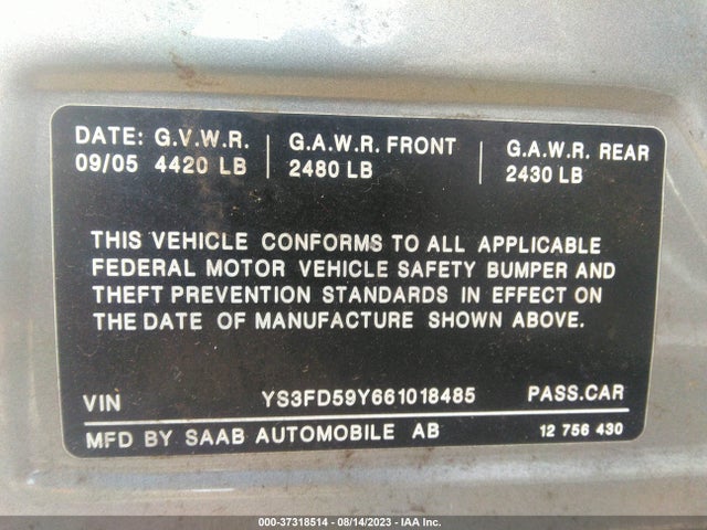 2006 SAAB 9 3 VIN: YS3FD59Y661018485
