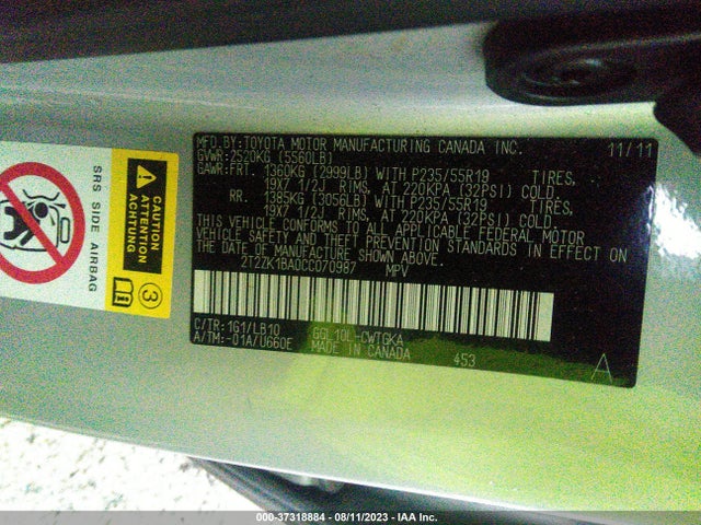 2012 LEXUS RX 350 VIN: 2T2ZK1BA0CC070987
