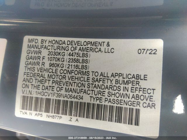 1HGCV1F39NA064434 Honda Accord Sedan Sport