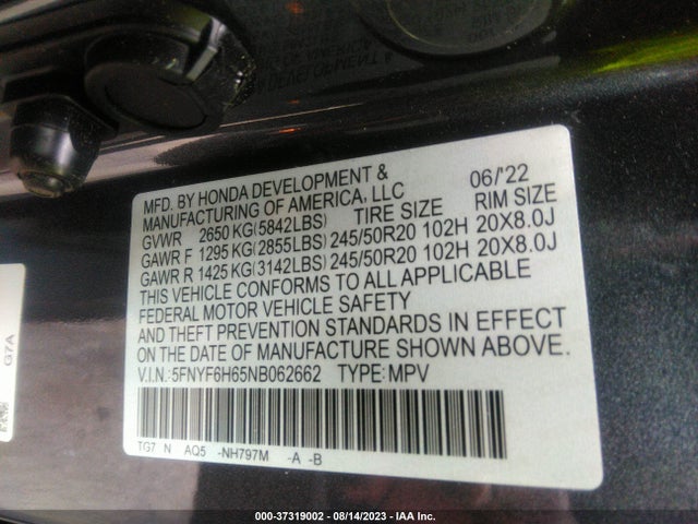 Honda Pilot Touring 7-passenger 2022 5FNYF6H65NB062662 Image 15