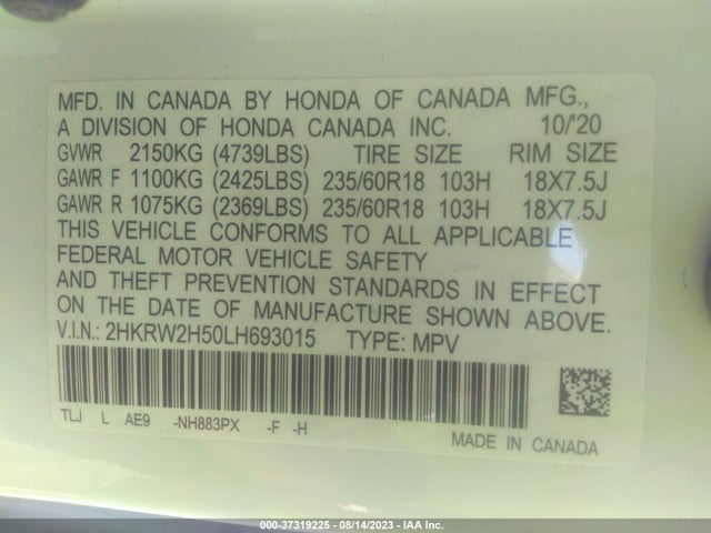 Honda Cr-v Awd Ex 2020 2HKRW2H50LH693015 Image 9