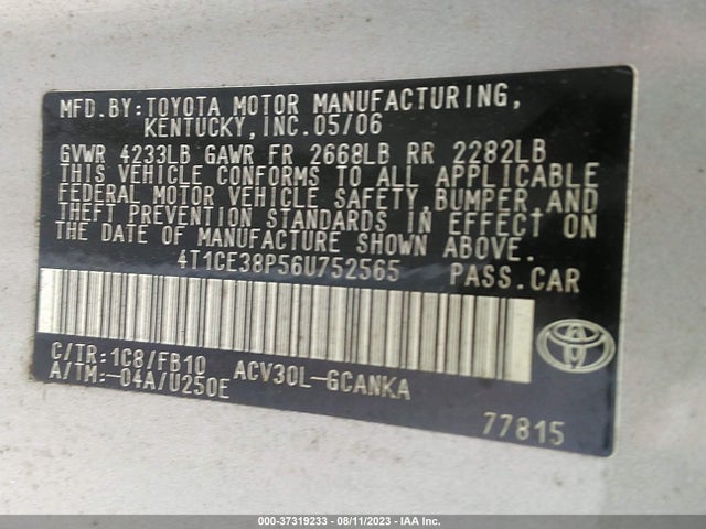 2006 TOYOTA CAMRY SOLARA SE/SPT/SLE VIN: 4T1CE38P56U752565