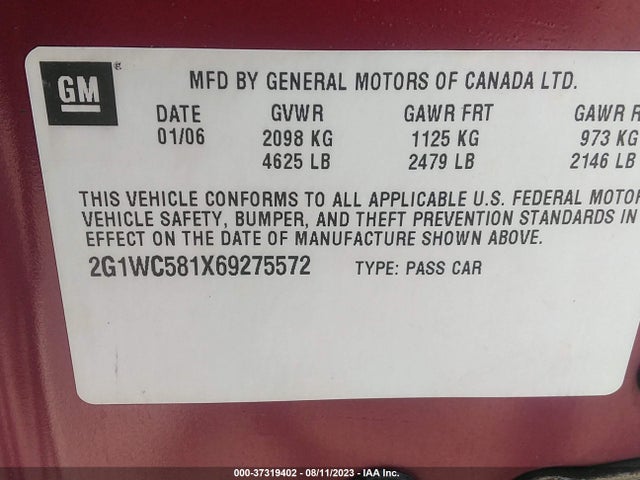 2006 CHEVROLET IMPALA LT 3.9L VIN: 2G1WC581X69275572