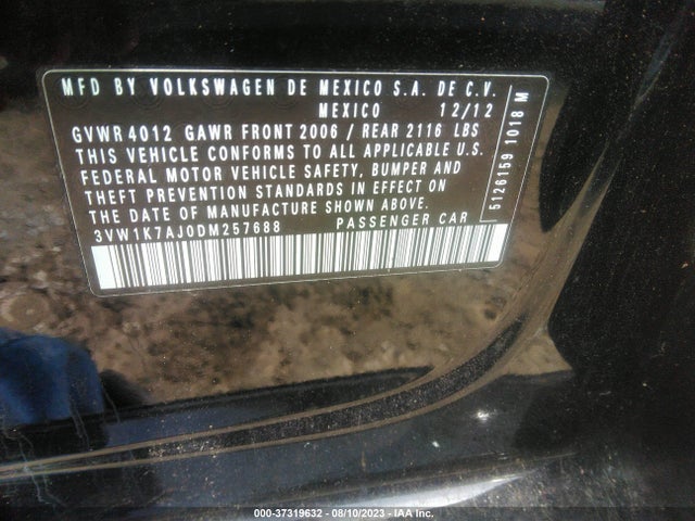 2013 VOLKSWAGEN JETTA SEDAN S VIN: 3VW1K7AJ0DM257688