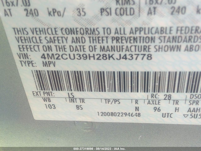 2008 MERCURY MARINER VIN: 4M2CU39H28KJ43778