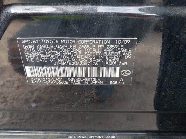 2010 LEXUS ES 350 VIN: JTHBK1EG0A2357178