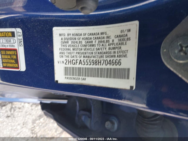 2008 HONDA CIVIC SDN SI VIN: 2HGFA55598H704666