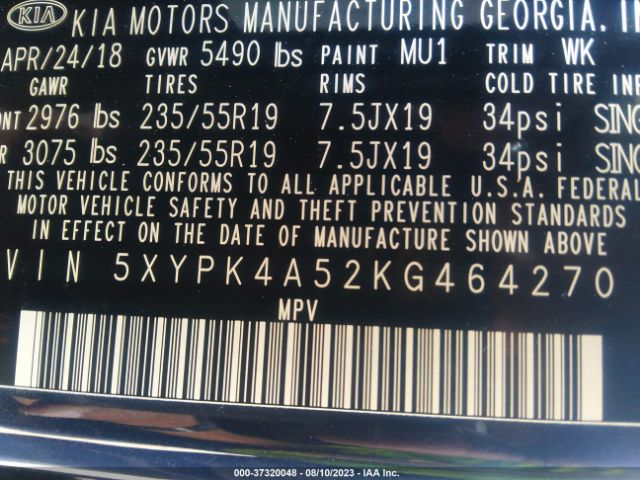 5XYPK4A52KG464270 KIA Sorento Sx V6