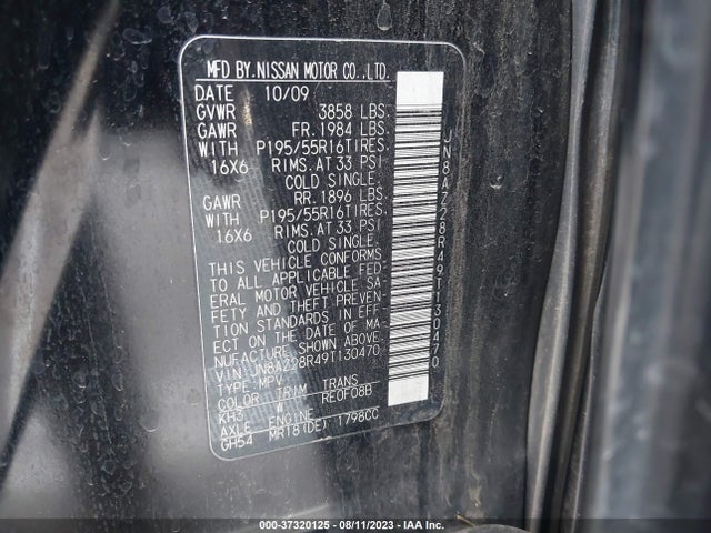 2009 NISSAN CUBE 1.8 SL VIN: JN8AZ28R49T130470
