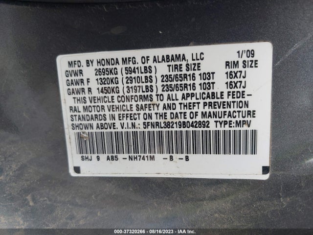 2009 HONDA ODYSSEY 5FNRL38219B042892 Photo 8