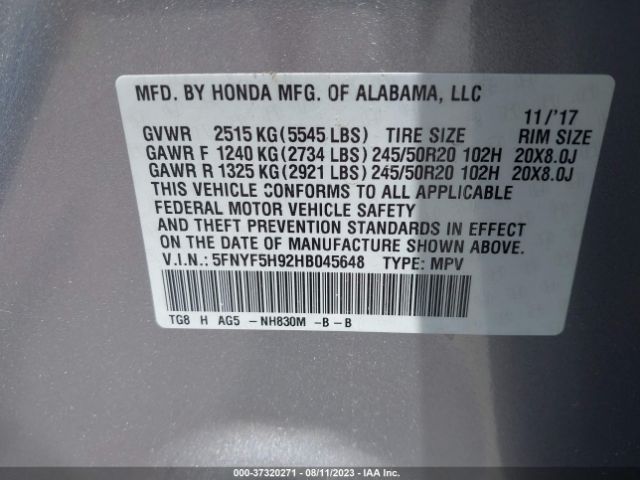 5FNYF5H92HB045648 Honda Pilot Touring