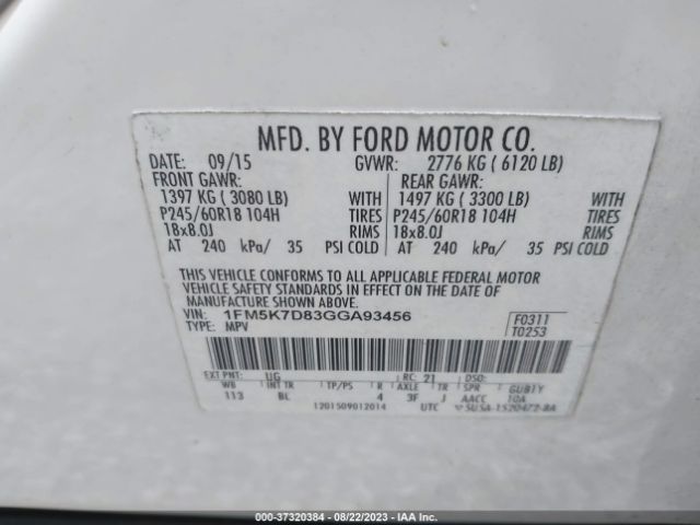 1FM5K7D83GGA93456 Ford EXPLORER XLT