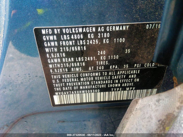 WVGAV7AX0HW509360 Volkswagen TIGUAN S