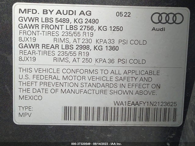 WA1EAAFY1N2123625 Audi Q5 S Line Premium Plus