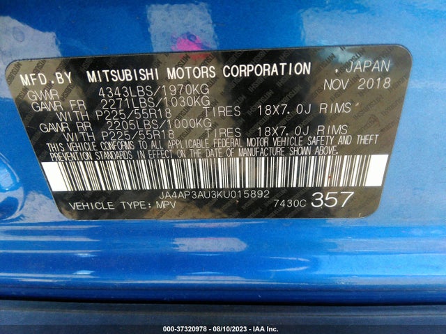 JA4AP3AU3KU015892 Mitsubishi Outlander Sport 2.0