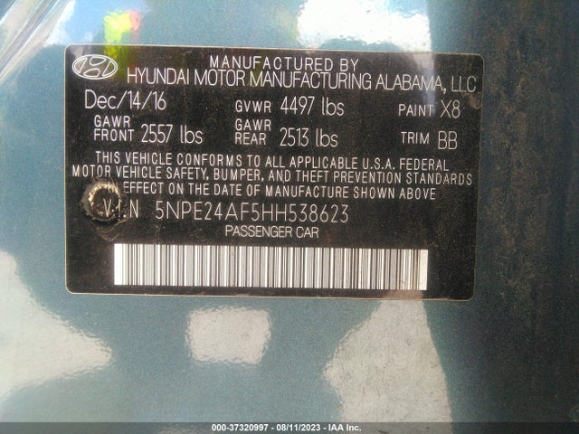 2017 HYUNDAI SONATA SE VIN: 5NPE24AF5HH538623