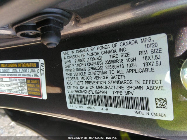 Honda Cr-v Ex-l 2020 2HKRW2H87LH694964 Image 9