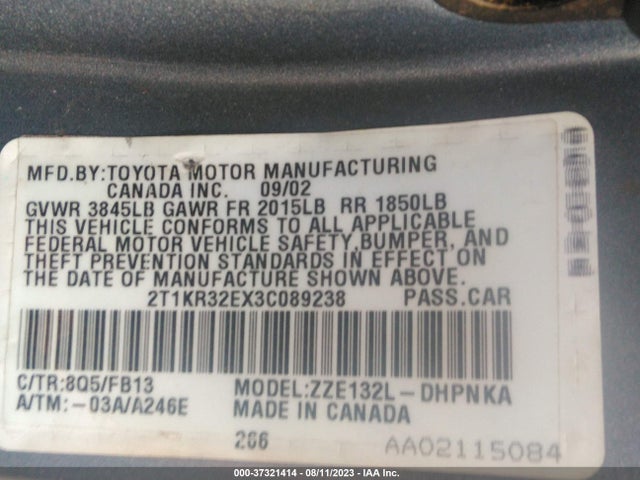 2003 TOYOTA MATRIX STD/XR VIN: 2T1KR32EX3C089238