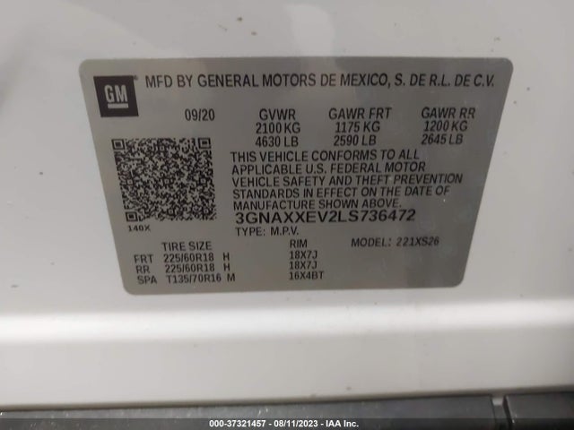 2020 CHEVROLET EQUINOX PREMIER VIN: 3GNAXXEV2LS736472