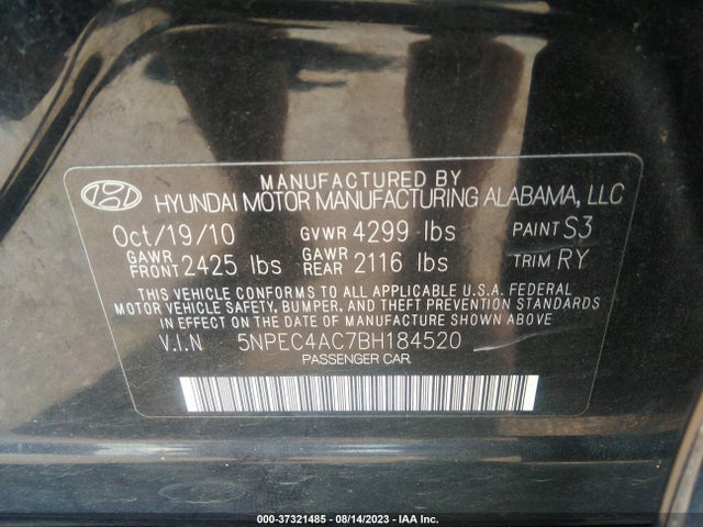 2011 HYUNDAI SONATA SE VIN: 5NPEC4AC7BH184520