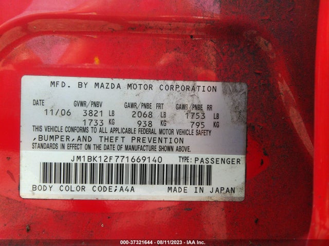 2007 MAZDA MAZDA3 I TOURING VIN: JM1BK12F771669140