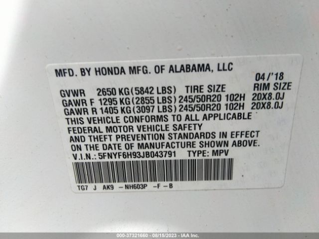 5FNYF6H93JB043791 Honda Pilot Touring