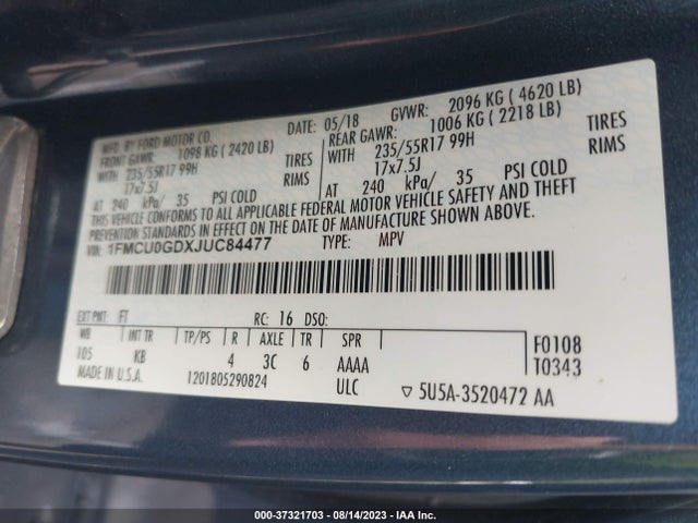2018 FORD ESCAPE SE VIN: 1FMCU0GDXJUC84477